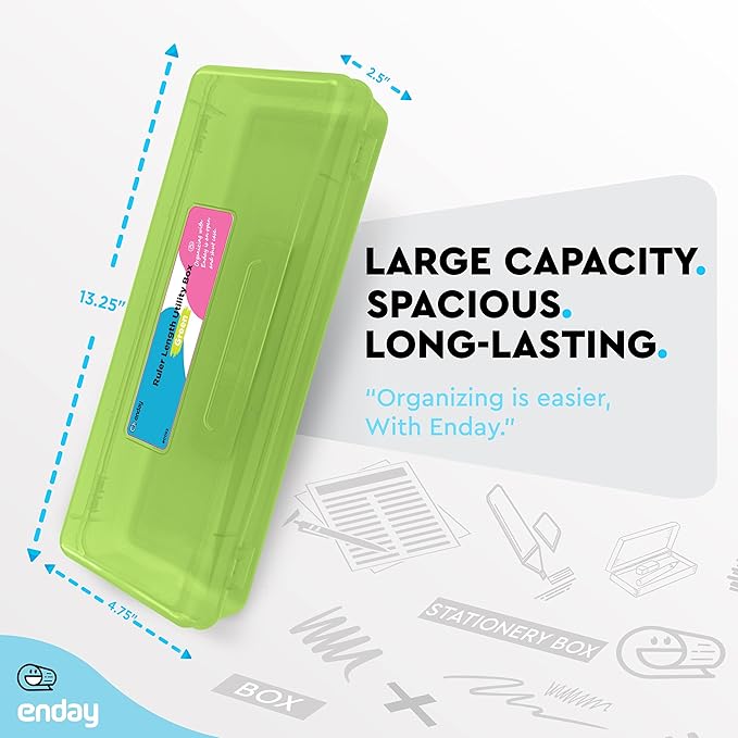Enday Pencil Box Green, Storage Organizer Utility Box, Multipurpose Long Ruler Length School Office Supplies Plastic Pencil Case for Kids & Adults Available in Red, Pink, Grey, Purple, Blue, 1PK