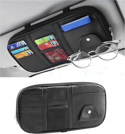 Car Sun Visor Organizer, Leather Multi-Pocket Visor Organizer Pouch with Double Zippers Net, Sunglass Holder Storage Pocket for License Pen Key Card Registration Document (Black)