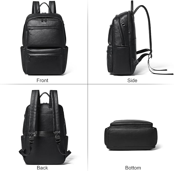 Vegan Leather Backpack for Women and Men, Fits 16.0 Inch Laptop, Multi-Pocket Design with Water Bottle and Luggage Strap, Ideal for Work, Travel, and Daily Use, Black