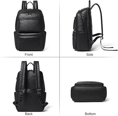 Vegan Leather Backpack for Women and Men, Fits 16.0 Inch Laptop, Multi-Pocket Design with Water Bottle and Luggage Strap, Ideal for Work, Travel, and Daily Use, Black