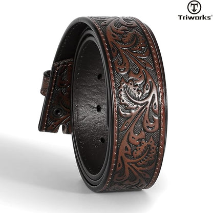 TRIWORKS Western Belt Strap for Men without Buckle 1.5" Wide Floral Engraved Embossed Leather Belt Strap