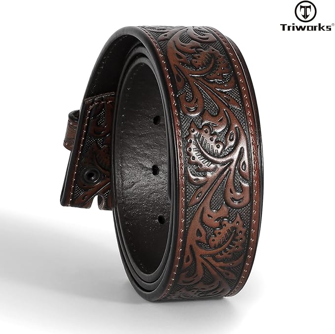TRIWORKS Western Belt Strap for Men without Buckle 1.5" Wide Floral Engraved Embossed Leather Belt Strap