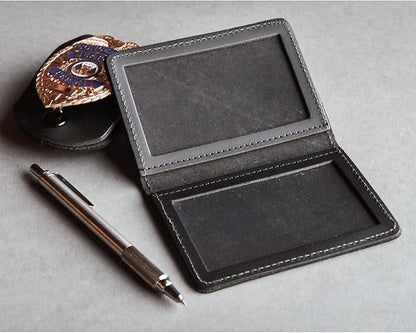 Leather Bifold Minimalist Double ID Card Credential Holder (Smooth Black)