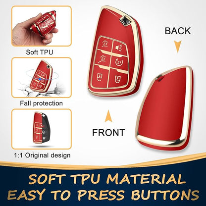 QBUC for Chevy Key Fob Cover with Keychain Soft TPU Protection Case Compatible with 2021-2026 Chevy Tahoe Suburban GMC Yukon Denali Silverado 6-Buttons(Gold Trim Red)