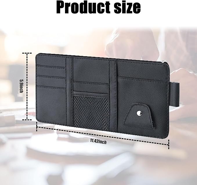 UGSHY Pack of 1 Leather Zipper Visor Storage Bag, Multifunctional Pocket Business Card Holder, 11.4In x 5.9In Car Sun Visor Organizer, for Men Women Car Interior Receiving (Black)