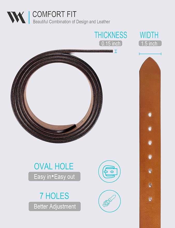 WOLFANT Men's 1.5" Full Grain Leather Belt,100% Italian Real Solid Leather
