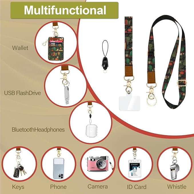 Bookshelf Lanyard Wallet with ID Badge Holder,Small RFID Women Keychain Wristlet,Cute Zipper Credit Pocket Phone Wallet Lanyard Wrist Strap Office Teacher Gift