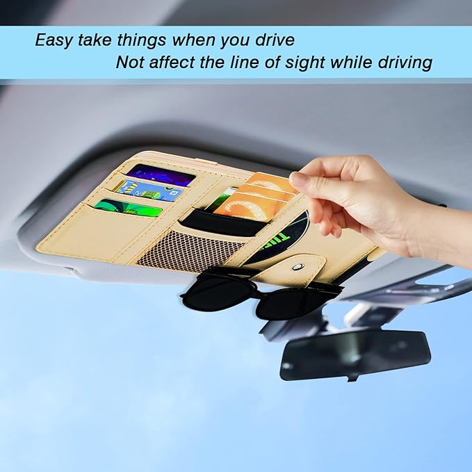 Car Sun Visor Organizer, Leather Pocket Organizer Sunglass Holder for Car Interior Accessories with Multi-Pocket Net Zipper, Beige
