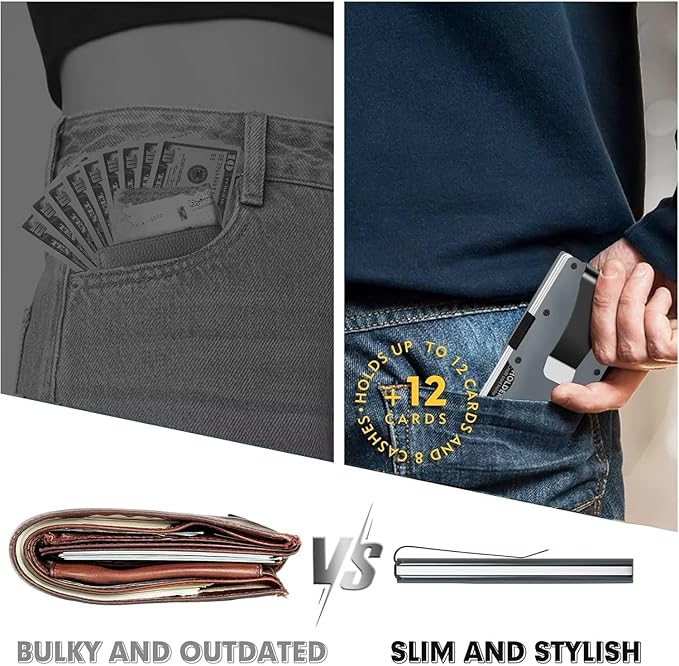 Leatherboss Wallet for Men RFID Blocking Minimalist Metal Card Holder with Money Clip Holds Credit Cards and Cash (Gray Carbon)