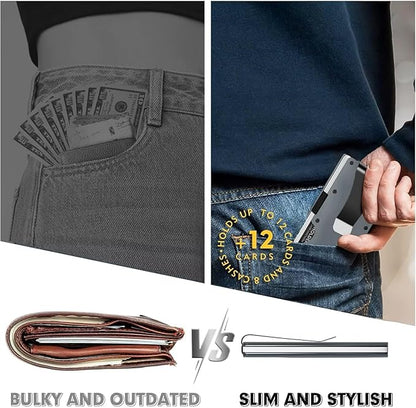Leatherboss Wallet for Men RFID Blocking Minimalist Metal Card Holder with Money Clip Holds Credit Cards and Cash (Gray Carbon)