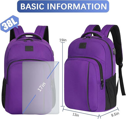 LARIPOP Carry On Backpack for Airplane, 17.3 Inch Laptop Backpack with USB Charging Port, Water Resistant Business Travel Backpack, Lightweight College School Bookbag Anti Theft for Men Women, Purple