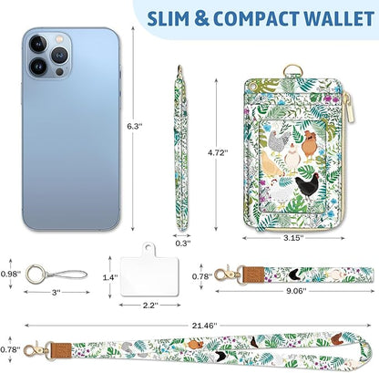 Piefly Chicken Lanyard Wallet with ID Badge Holder, Rooster Small RFID Wallet Women Keychain Wristlet, Slim Credit Card Holder with Zipper Pocket Phone Lanyard Wrist Strap Name Tag Office Teacher Gift