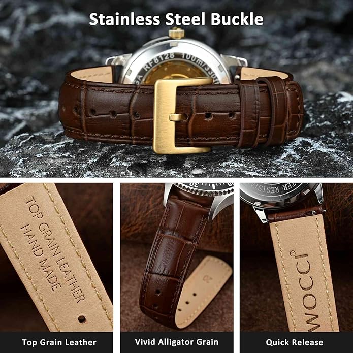 WOCCI Watch Bands, Top Grain Leather, Embossed Alligator Grain, Quick Release, Band Width 18mm 20mm 22mm