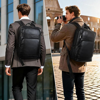 Masa Kawa Black Leather Laptop Backpack for Men Fits 16” 15.6” Computer, Business Travel Work Large Daypack Camping Weekender Bag