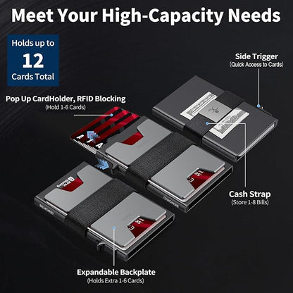SEMORID Slim Aluminum Card Holder Wallet for Men, Durable Expandable Backplate, RFID Blocking Minimalist Metal Pop Up Wallet, Holds 12+ Cards Plus Cash