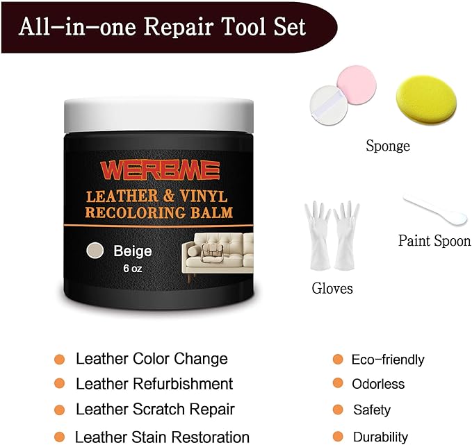 Leather Recoloring Balm & Color Restorer - Multipurpose Dye & Paint for Faded Leather Couches, Car Seats, Shoes | Fix Scratches on Clothing, Furniture & Accessories(Beige)