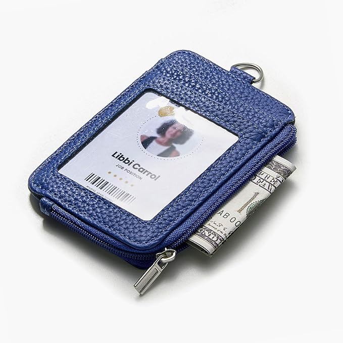 Badge Holder – Genuine Leather ID Badge Holder with Zipper Pocket and Nylon Lanyard – Perfect for Badges, Cards, and More