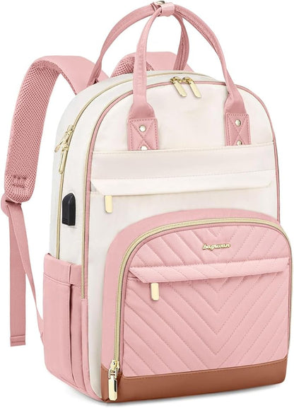 Laptop Backpack for Women Work Bag - 15.6 inch Travel Backpack Purse with USB Charger College Bookbag Waterproof Cute Casual Daypack Fashion Business Computer Backpacks for Teacher Nurse Pink Beige