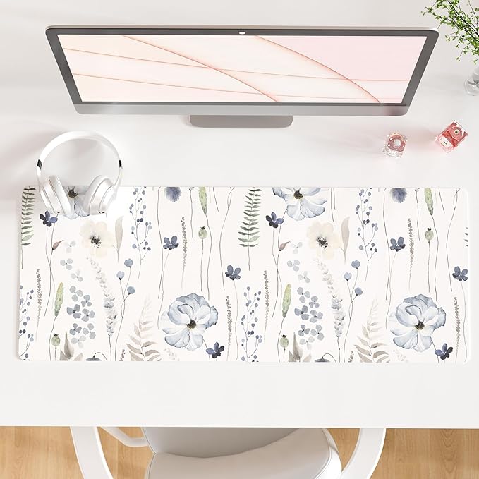 QiyI Large Mouse Pad for Desk, Floral Desk Mat for Desktop, Women Girls Office Décor Desk Accessories, PU Leather Waterproof Gaming Mousepad, Watercolor Flowers Desk Pad Computer Mat, 31.5" x 11.8"