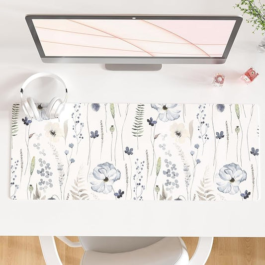 QiyI Large Mouse Pad for Desk, Floral Desk Mat for Desktop, Women Girls Office Décor Desk Accessories, PU Leather Waterproof Gaming Mousepad, Watercolor Flowers Desk Pad Computer Mat, 31.5" x 11.8"