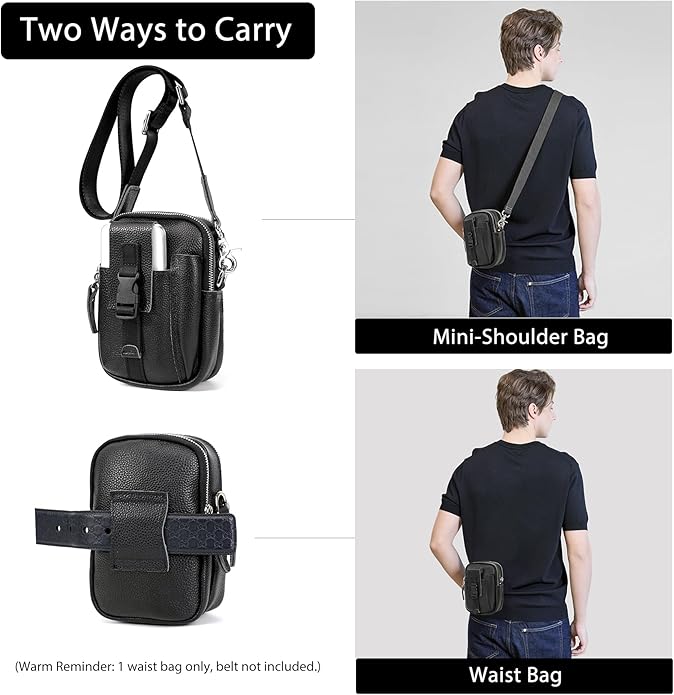 LANNSYNE Small Leather Messenger Bag, 3-in-1 Crossbody Shoulder Bag & Waist Belt Pouch, Sling Purse for Travel Business