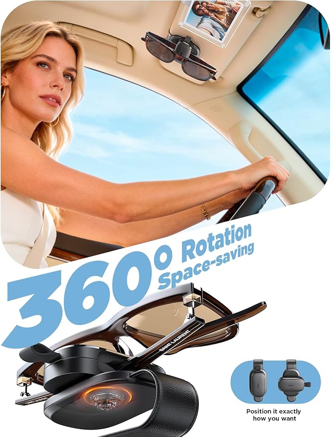 Sunglass Holder for Car, Chfeila Upgrade 360° Rotating & One-Hand Operation Magnetic Glasses Clip, Leather Sun Eyeglass Visor Organizer, Scratch-Free Eyewear Hanger for Car Accessories Gadgets - Black