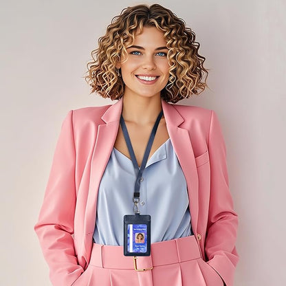 Leather Badge Holder with Adjustable Lanyards,Swivel Metal Clasp for Offices, Staff, Students, Employees (Blue)