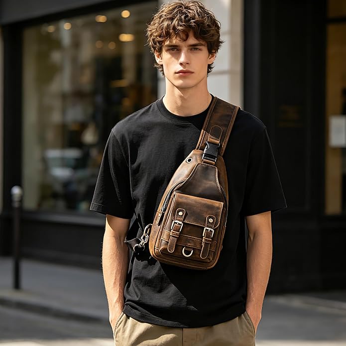 Thick Crazy horse Leather Triangle Crossbody Sling Chest Bag Travel One Shoulder Bag Daypack For Men Male 3028