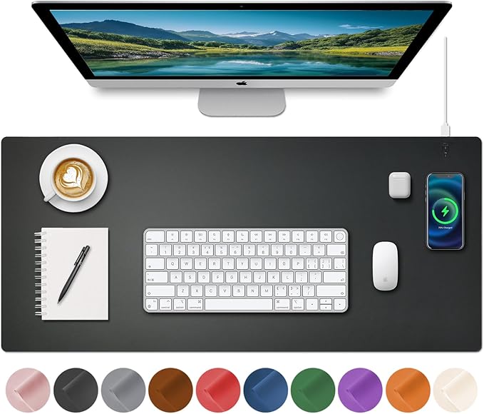 Desk Mat with Wireless Charging, Black Mouse Pad with Wireless Charger, Desk Pad Matt for Desktop, Mousepad Gaming Large Mouse Pad, Leather Compute for Keyboard and Mouse, 32" x 16"