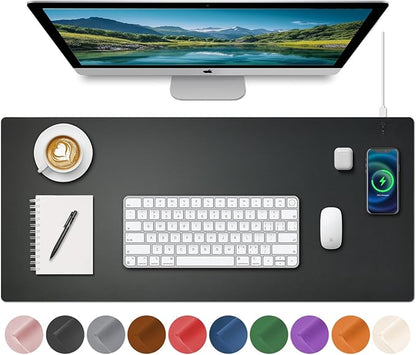 Desk Mat with Wireless Charging, Black Mouse Pad with Wireless Charger, Desk Pad Matt for Desktop, Mousepad Gaming Large Mouse Pad, Leather Compute for Keyboard and Mouse, 32" x 16"