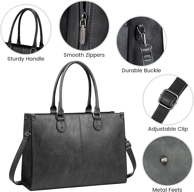 LOVEVOOK Laptop Tote Bag for Women, 15.6 Inch Large Capacity Vintage Leather Work Computer Bag, Business Casual Shoulder Handbag, Dark Grey
