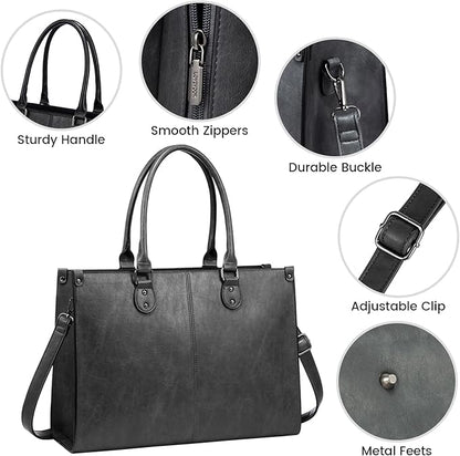 LOVEVOOK Laptop Tote Bag for Women, 15.6 Inch Large Capacity Vintage Leather Work Computer Bag, Business Casual Shoulder Handbag, Dark Grey