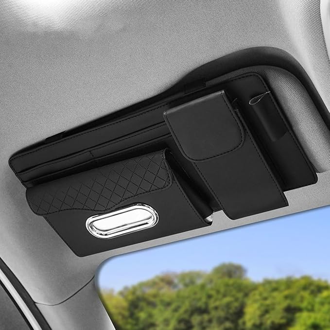 ZIMISI Leather Car Visor Organizer, Sun Visor Storage Bag, Car Tissue Holder, Multi-Pocket Document Holder, Vehicle Travel Accessories for Pen, License, Cards, Sunglasses, Tissues (Black)