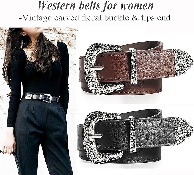 INOGIH Adjustable-Vintage-Western-Cowboy-Belt Women Men - Cowboy-Style Engraved-Buckle Belt for Jeans Pants Dresses