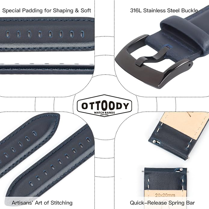 OTTOODY Leather Watch Bands Quick Release, Elegant Top Grain Leather Watch Straps for Men & Women, Choice of Color & Width - 18mm, 19mm, 20mm, 21mm or 22mm Wristbands Bracelet for Watch & Smartwatch