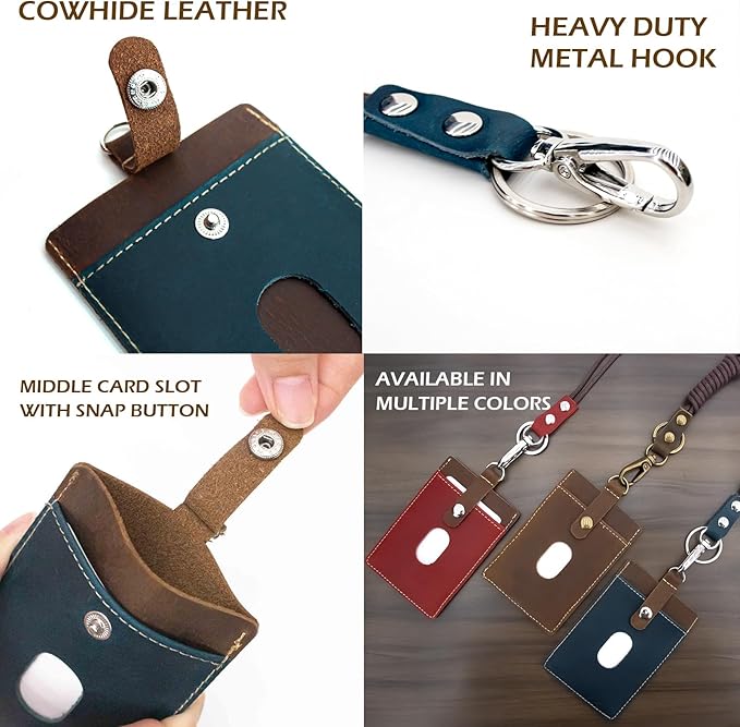 Badge Holder: Boshiho Cowhide Leather ID Badge Card Holder with 19" Neck Lanyard, Vertical Style (Brown-Blue)