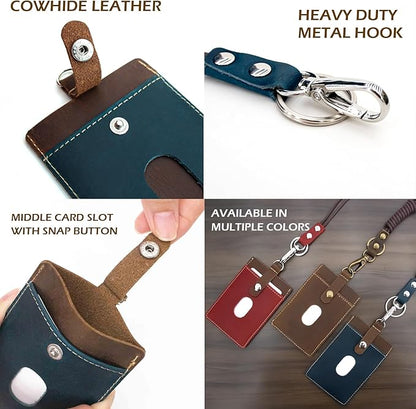 Badge Holder: Boshiho Cowhide Leather ID Badge Card Holder with 19" Neck Lanyard, Vertical Style (Brown-Blue)