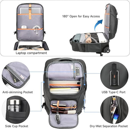 Rolling Backpack,17inch Laptop Backpack with Wheels,Water Resistant Carry on Luggage with USB C Ports, Wheeled Backpack Suitcase for Men Women Adults to Travel