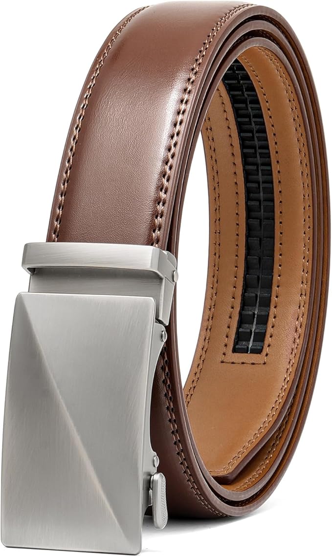 SENDEFN Men's Leather Belt Automatic Ratchet Buckle Slide Belt for Dress Casual Trim to Fit with Gift Box