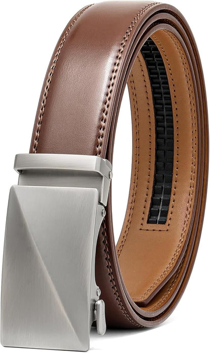 SENDEFN Men's Leather Belt Automatic Ratchet Buckle Slide Belt for Dress Casual Trim to Fit with Gift Box