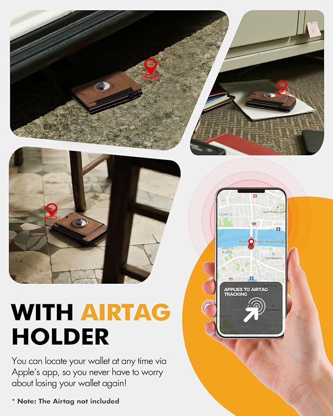 IW Slim Airtag Wallet for Men: Pop Up Bifold Wallet with Detachable Money Clip ID Window for Air Tag(1st & 2nd Generation) - RFID Blocking for 8-10 Cards Cash - Gift Box Included (Light Brown)