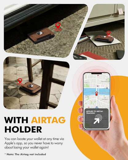 IW Slim Airtag Wallet for Men: Pop Up Bifold Wallet with Detachable Money Clip ID Window for Air Tag(1st & 2nd Generation) - RFID Blocking for 8-10 Cards Cash - Gift Box Included (Light Brown)