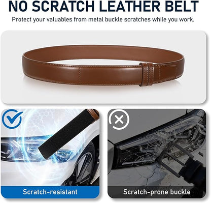 SANSTHS Mechanic Buckless Belts for Men, No Scratch Leather Work Belt Hook & Loop Tsa Belt for Technician Travel Gifts