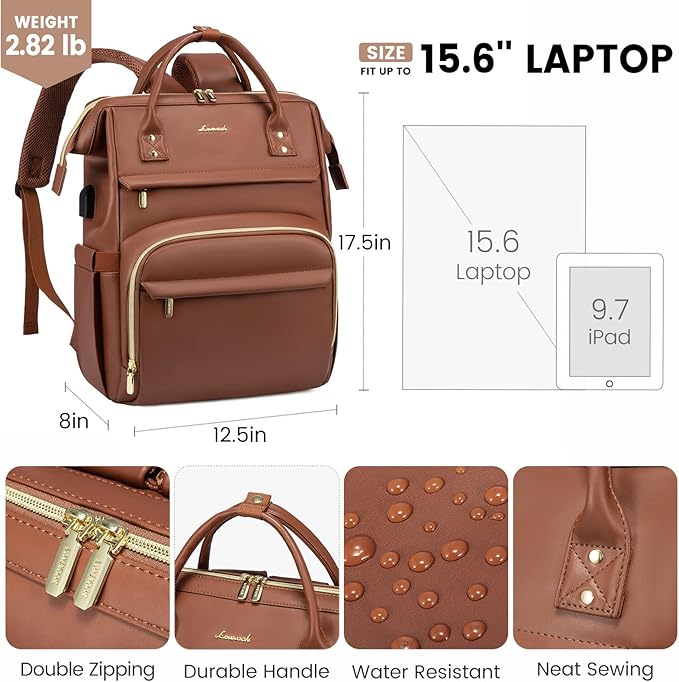 Leather Laptop Backpack for Women with USB Port - 17in, Travel Purse for Nurse, Teacher, College, Business - Carry On Backpack by LOVEVOOK
