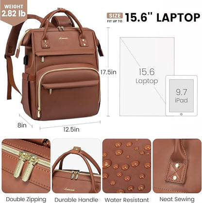 Leather Laptop Backpack for Women with USB Port - 17in, Travel Purse for Nurse, Teacher, College, Business - Carry On Backpack by LOVEVOOK