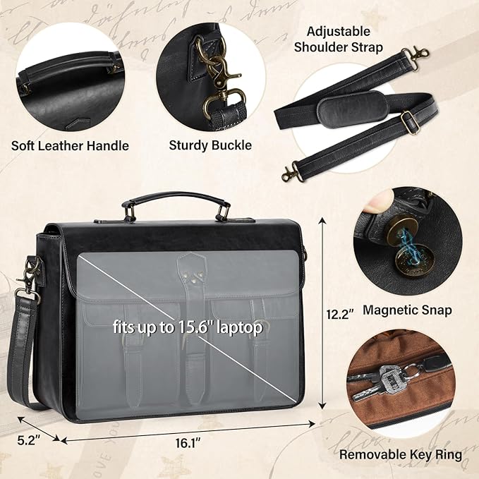 RAINSMORE Messenger Bag for Men 15.6 Inch Vintage Leather Laptop Briefcase Large Laptop Bag Waterproof Satchel Bag Computer Shoulder Bag for Office Work Travel College, Black