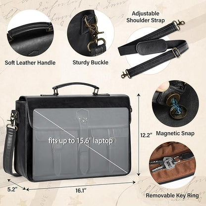 RAINSMORE Messenger Bag for Men 15.6 Inch Vintage Leather Laptop Briefcase Large Laptop Bag Waterproof Satchel Bag Computer Shoulder Bag for Office Work Travel College, Black