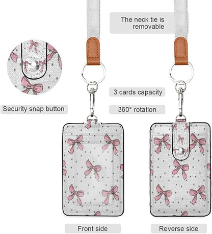 YETTASBIN Bow Pink ID Badge Holder with Removable Lanyard, Vertical PU Leather Cards Holder with 1 Clear ID Window and 2 Cards Slot for Office and School