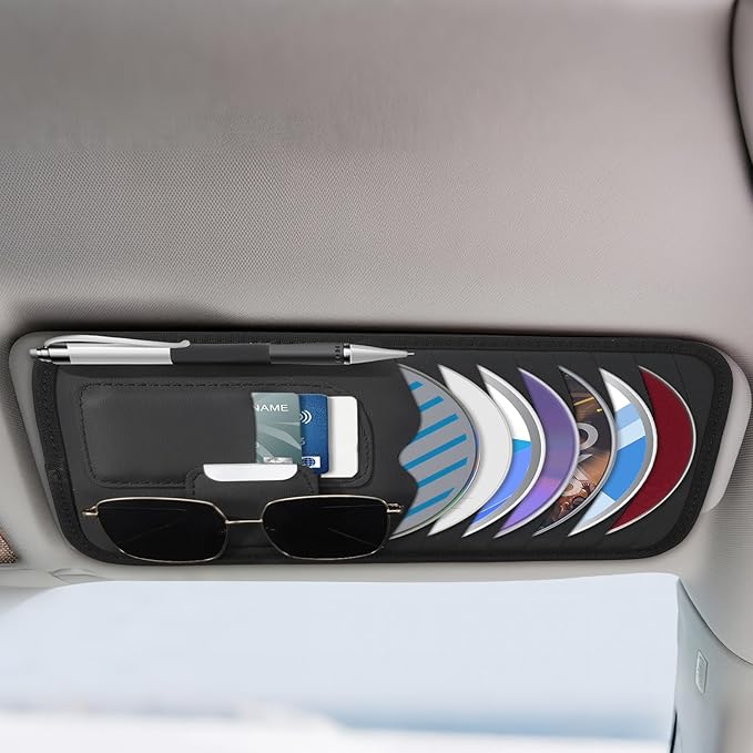 Black Car CD Holder, Leather Car Visor Organizer Sun Visor Case Holders Multi-Function DVD Vehicle Visors Storage Organizer Cars Visors Holders with Storage, Eyeglassclip, Card Slots & Pen