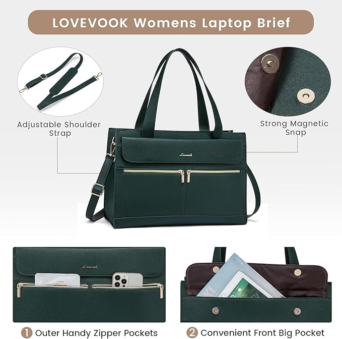LOVEVOOK Laptop Bag for Women 15.6 Inch Tote Work Professional Leather Computer Briefcase Waterproof Handbag Shoulder Large Capacity Business Teacher Office Crossbody Purse, 131# Dark Green